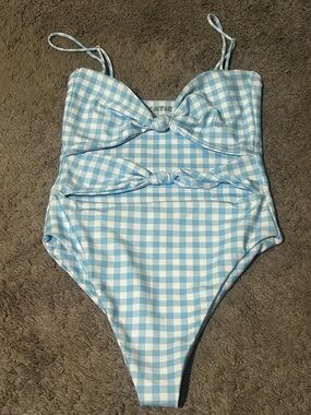 Skatie One-Piece Women’s  Swim Suit in Light Blue Gingham Large
